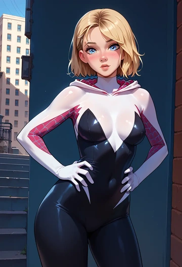 marvel,spider_gwen,mesh graffiti top,dolphin shorts  - AI generated anime art