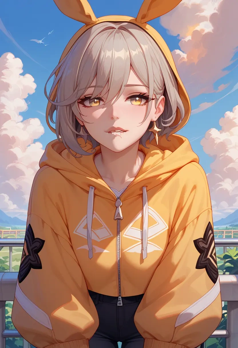 honkai_star_rail,stelle_(honkai_star_rail),crop hoodie,shorts  - 