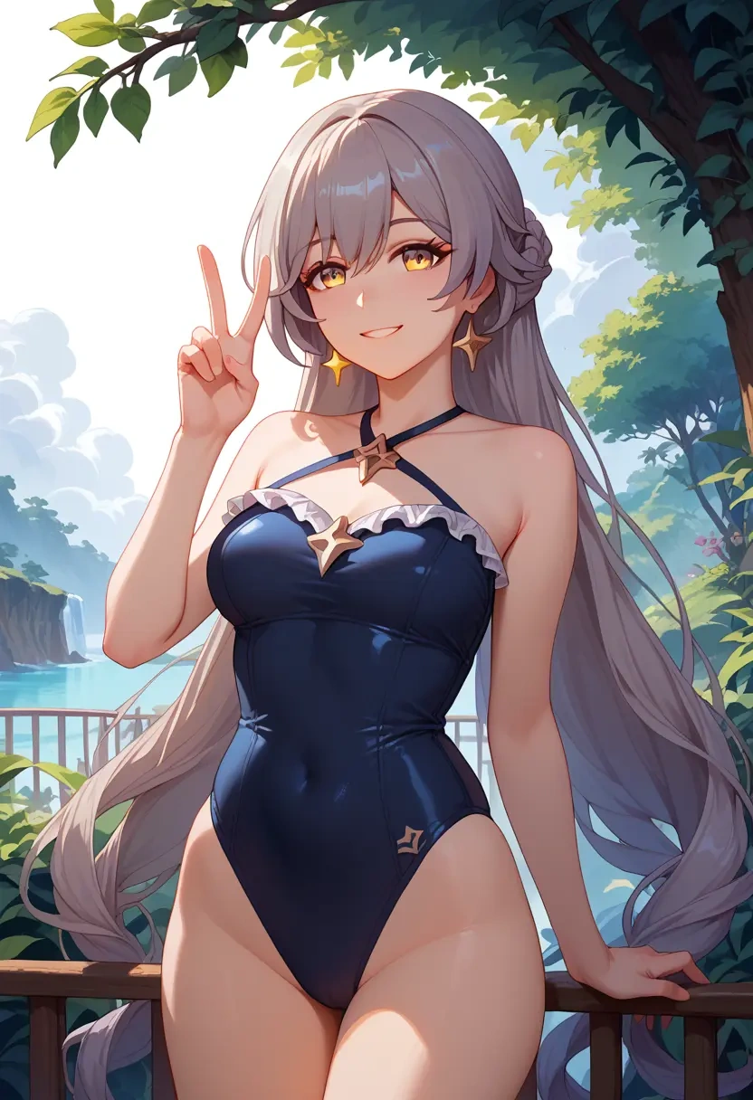 honkai_star_rail,stelle_(honkai_star_rail),retro style swimsuit,frilled neckline,bow detail  - 