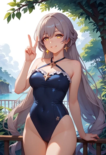 honkai_star_rail,stelle_(honkai_star_rail),retro style swimsuit,frilled neckline,bow detail  - AI generated anime art