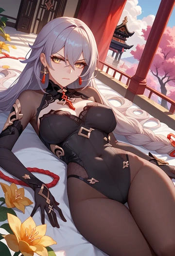 honkai_star_rail,stelle_(honkai_star_rail),black widow bodysuit,spiderweb cape,leather gloves  - AI generated anime art