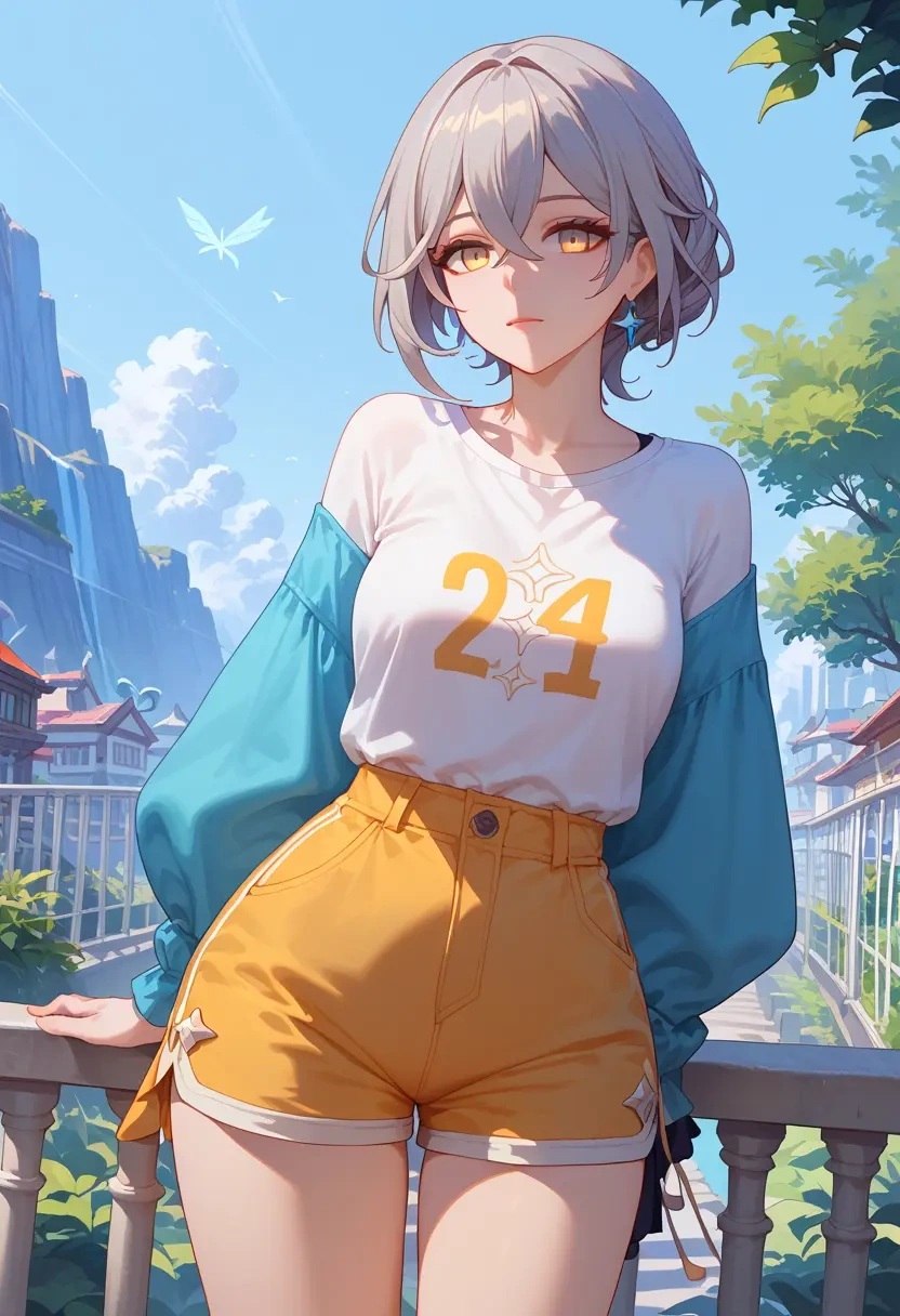 honkai_star_rail,stelle_(honkai_star_rail),graphic tee,shorts,sneakers  - 