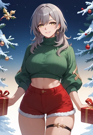 star rail,stelle,Christmas,red velvet shorts,turtleneck sweater  - AI generated anime art