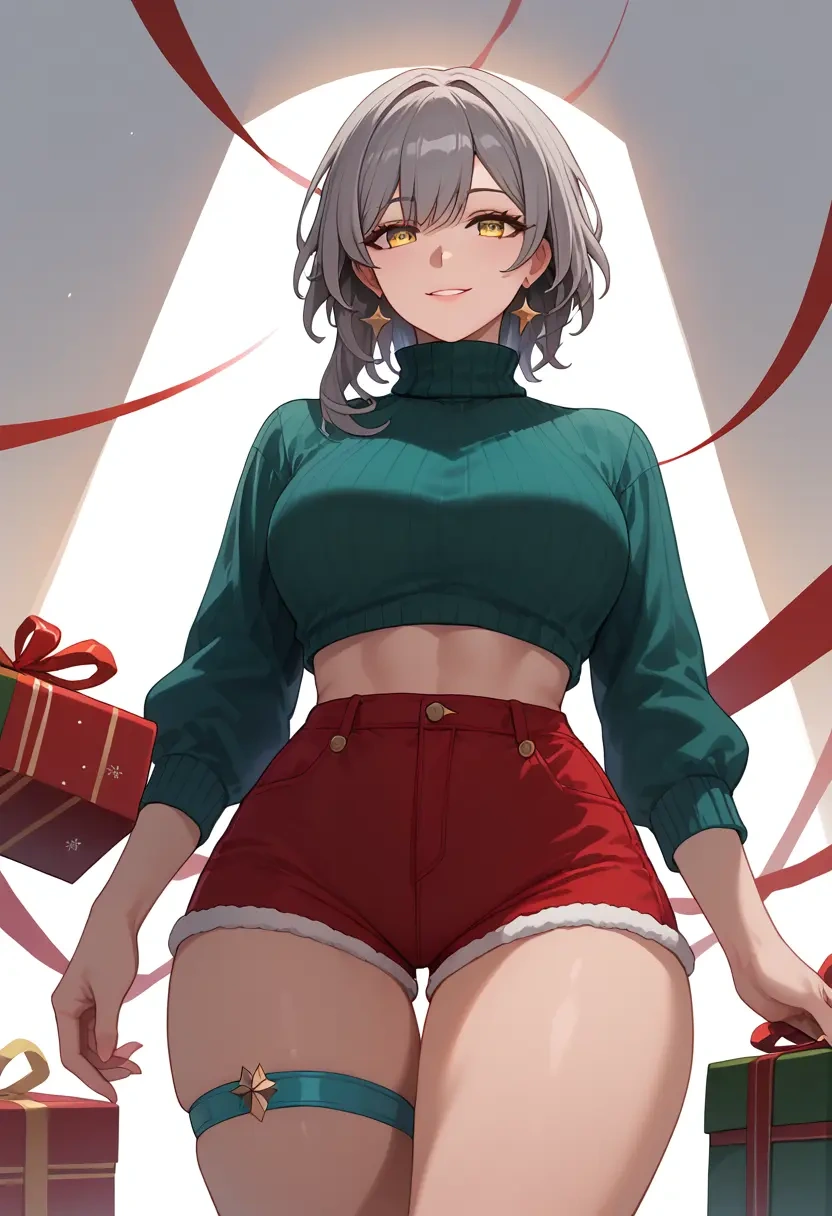 star rail,stelle,Christmas,red velvet shorts,turtleneck sweater  - 