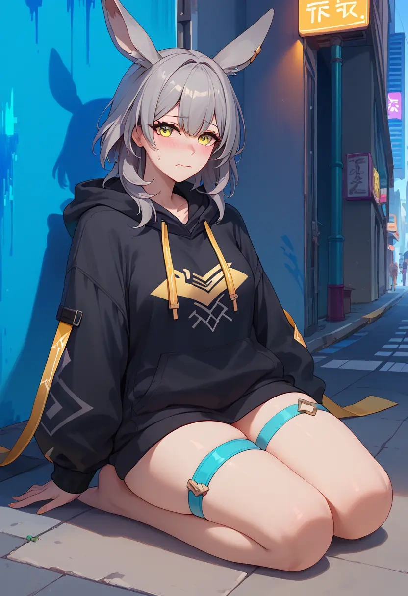 star rail,stelle,oversized graphic hoodie,thigh-high socks,shorts  - 