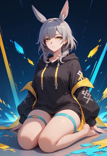 star rail,stelle,oversized graphic hoodie,thigh-high socks,shorts  - AI generated anime art