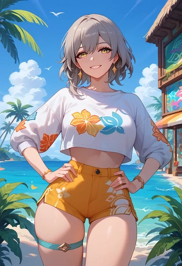 star rail,stelle,cropped graffiti sweatshirt,dolphin shorts  - AI generated anime art