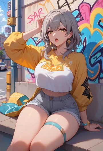 star rail,stelle,cropped graffiti sweatshirt,dolphin shorts  - AI generated anime art