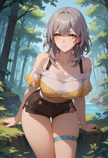 star rail,stelle,off-shoulder top,dolphin shorts  - AI generated anime art