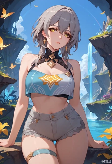 star rail,stelle,crop top,athletic shorts  - AI generated anime art