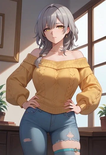 star rail,stelle,sweater,off-shoulder,ripped jeans  - AI generated anime art