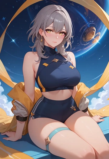 star rail,stelle,tankini top,board shorts  - AI generated anime art