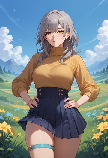 star rail,stelle,skirt,pleated,turtleneck sweater  - AI generated anime art