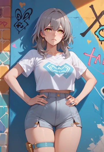 star rail,stelle,crop graffiti tee,dolphin shorts  - AI generated anime art