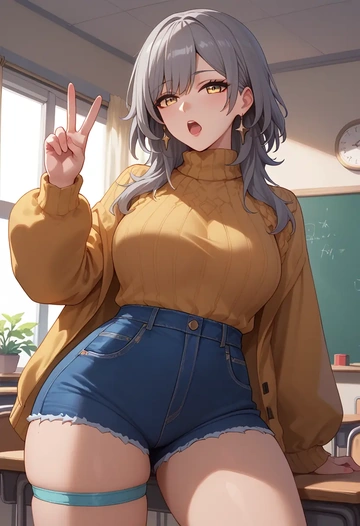 star rail,stelle,teacher, sweater, jeans shorts  - AI generated anime art