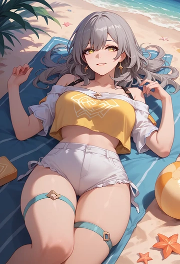 star rail,stelle,off-shoulder top,dolphin shorts  - AI generated anime art