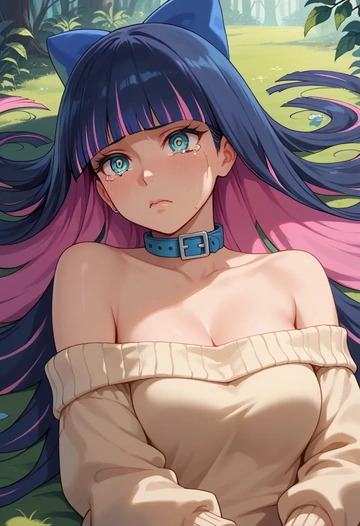 panty_stocking_with_garterbelt,stocking_(psg),sweater,off-shoulder,collar  - AI generated anime art