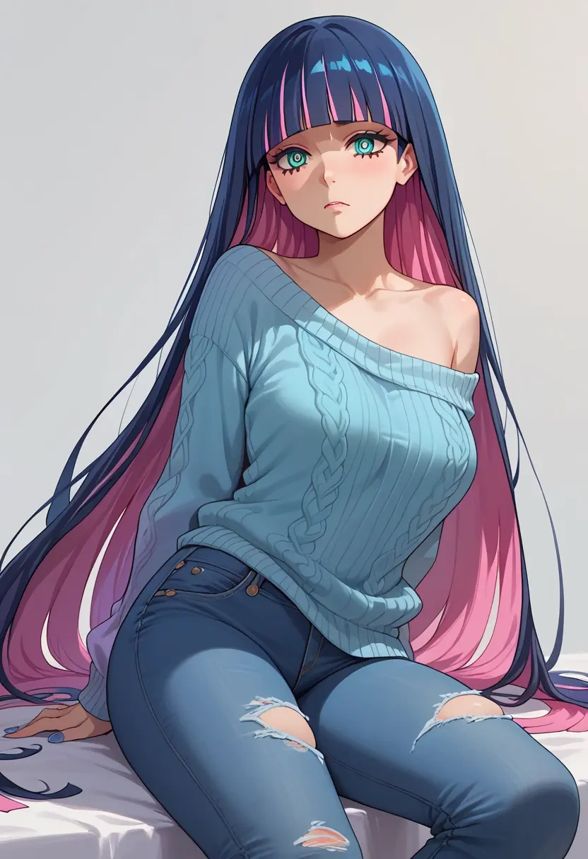 panty_stocking_with_garterbelt,stocking_(psg),sweater,off-shoulder,ripped jeans  - 