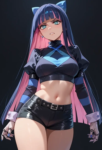 panty_stocking_with_garterbelt,stocking_(psg),leather,shorts,crop top  - AI generated anime art