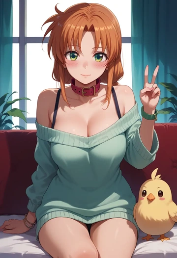 lyrical_nanoha,subaru_nakajima,blushing,collar,peace sign,off-shoulder,sweater  - AI generated anime art