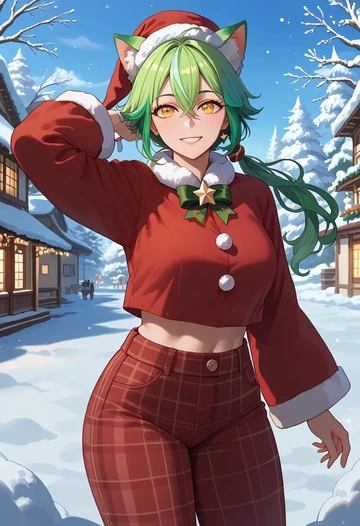 genshin impact,sucrose_(genshin_impact),Christmas,plaid trousers  - AI generated anime art