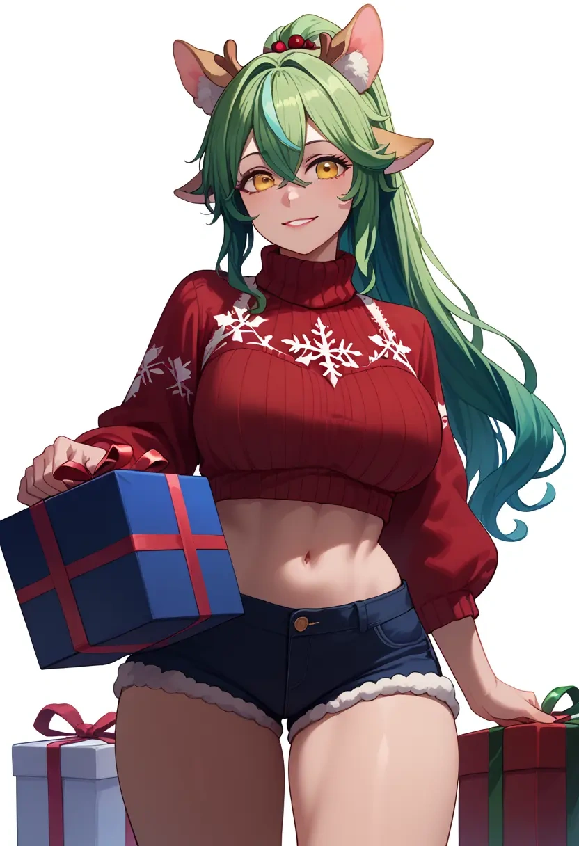 genshin impact,sucrose_(genshin_impact),Christmas,red velvet shorts,turtleneck sweater  - 