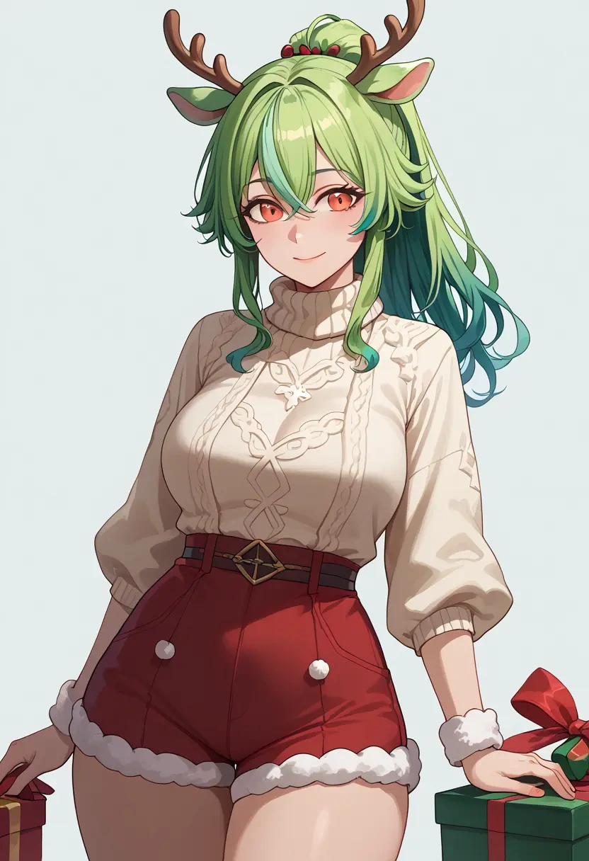 genshin impact,sucrose_(genshin_impact),Christmas,red velvet shorts,turtleneck sweater  - 