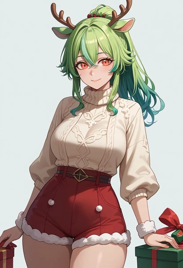 genshin impact,sucrose_(genshin_impact),Christmas,red velvet shorts,turtleneck sweater  - AI generated anime art