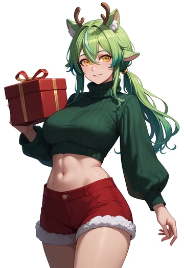 genshin impact,sucrose_(genshin_impact),Christmas,red velvet shorts,turtleneck sweater  - AI generated anime art