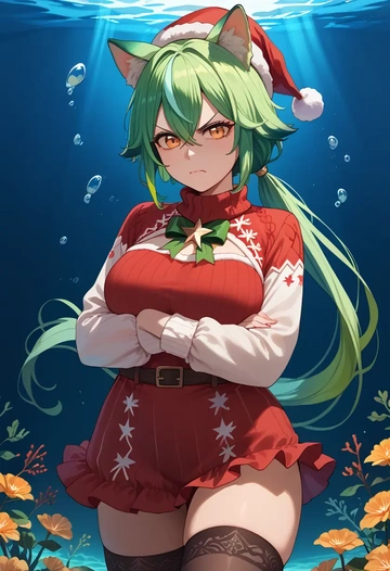 genshin impact,sucrose_(genshin_impact),Christmas,sweater dress,stockings  - AI generated anime art