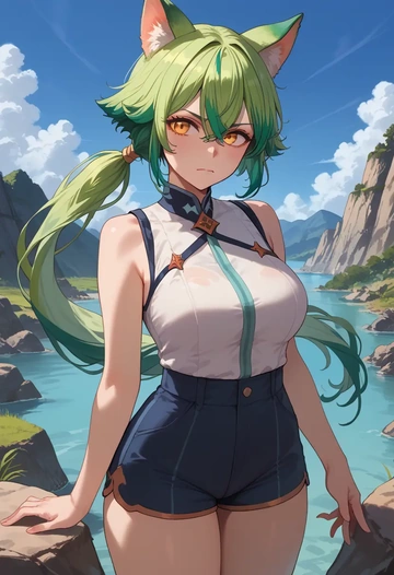 genshin impact,sucrose_(genshin_impact),sleeveless swim top,shorts-style bottom,contrast stitching  - AI generated anime art