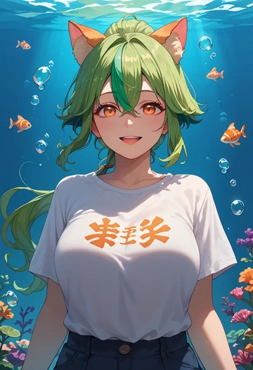 genshin impact,sucrose_(genshin_impact),handwritten script shirt,dolphin shorts  - AI generated anime art