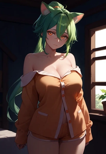 genshin impact,sucrose_(genshin_impact),pajamas, low-waisted shorts  - AI generated anime art