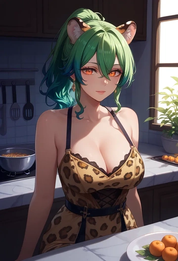 genshin impact,sucrose_(genshin_impact),leopard print,silk slip dress  - AI generated anime art