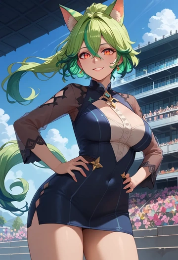 genshin impact,sucrose_(genshin_impact),bodysuit,mesh,high-waisted skirt  - AI generated anime art