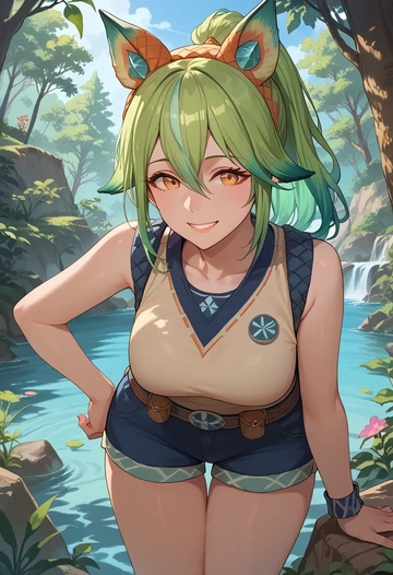 genshin impact,sucrose_(genshin_impact),sleeveless swim top,shorts-style bottom,contrast stitching  - AI generated anime art