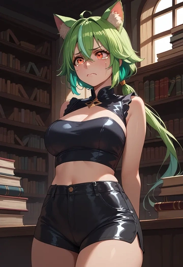 genshin impact,sucrose_(genshin_impact),leather,shorts,crop top  - AI generated anime art