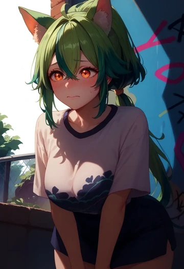 genshin impact,sucrose_(genshin_impact),oversized graffiti shirt,dolphin shorts  - AI generated anime art