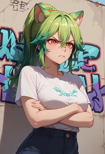 genshin impact,sucrose_(genshin_impact),crop graffiti tee,dolphin shorts  - AI generated anime art