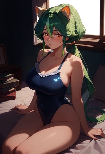 genshin impact,sucrose_(genshin_impact),retro style swimsuit,frilled neckline,bow detail  - AI generated anime art