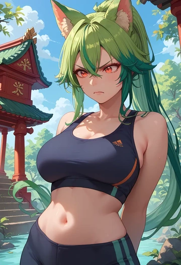 genshin impact,sucrose_(genshin_impact),sports bra,wide-leg joggers  - AI generated anime art