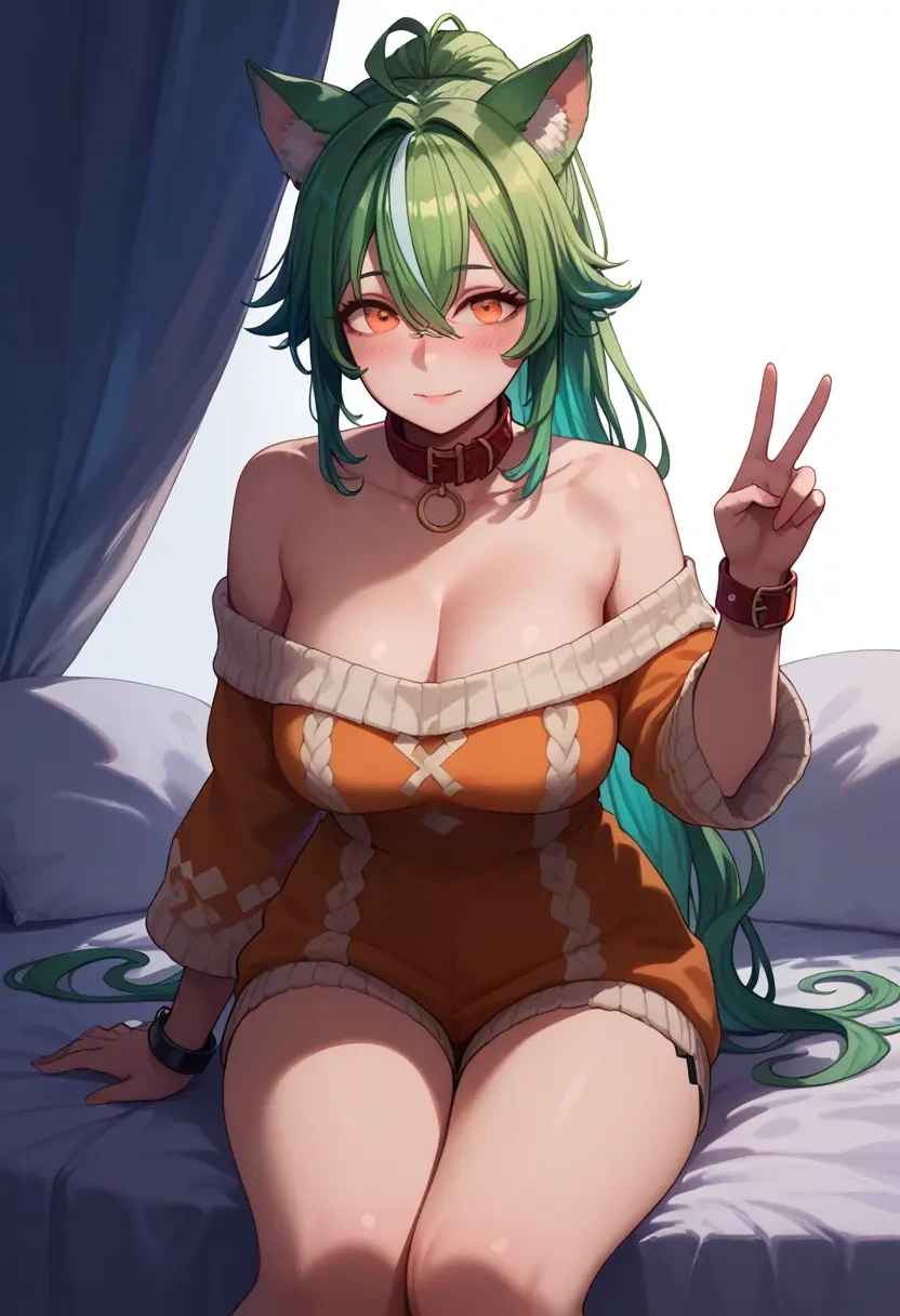 genshin impact,sucrose_(genshin_impact),blushing,collar,peace sign,off-shoulder,sweater  - 