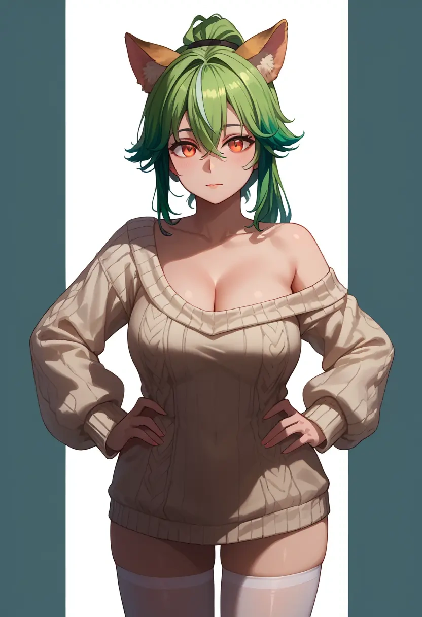 genshin impact,sucrose_(genshin_impact),Hands on hips,off-shoulder,sweater,stockings  - 