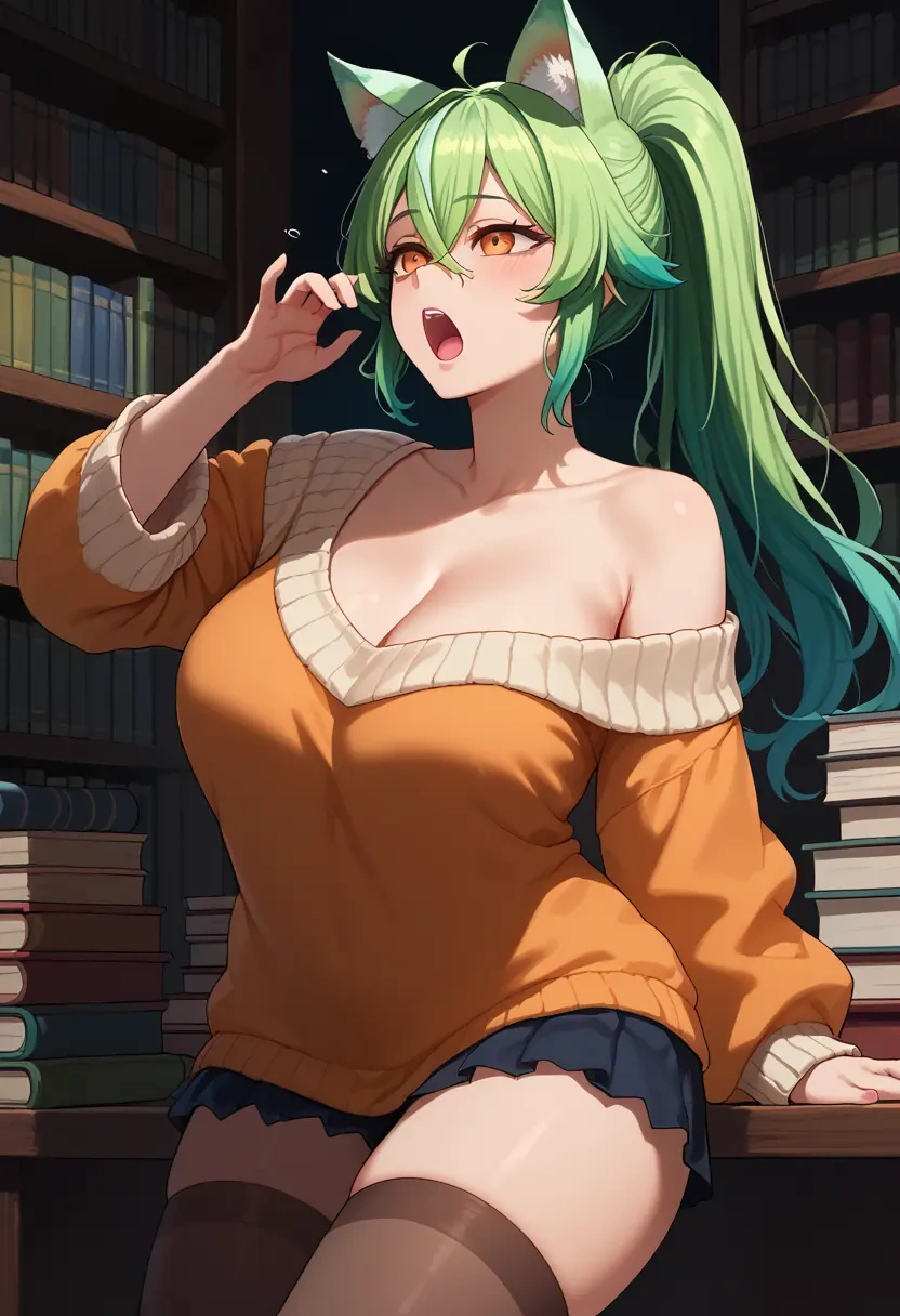 genshin impact,sucrose_(genshin_impact),Yawning,off-shoulder,sweater,stockings  - 