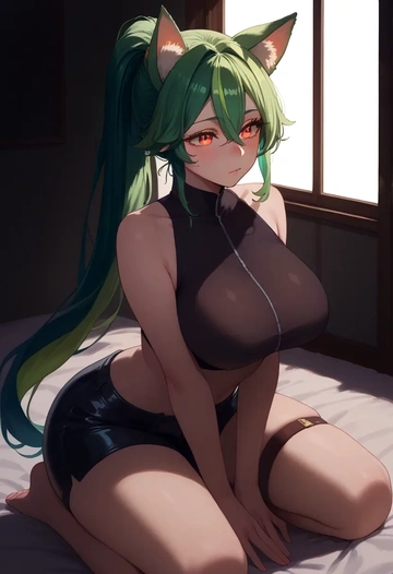 genshin impact,sucrose_(genshin_impact),leather,shorts,crop top  - AI generated anime art