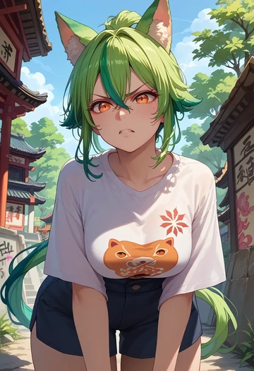 genshin impact,sucrose_(genshin_impact),oversized graffiti shirt,dolphin shorts  - AI generated anime art