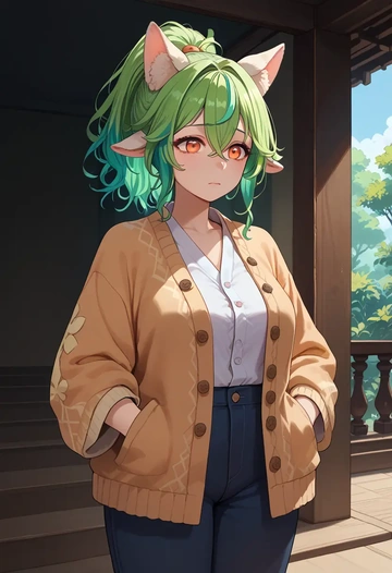 genshin impact,sucrose_(genshin_impact),cardigan,oversized,wide-leg pants  - AI generated anime art