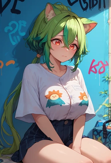 genshin impact,sucrose_(genshin_impact),oversized graffiti shirt,dolphin shorts  - AI generated anime art