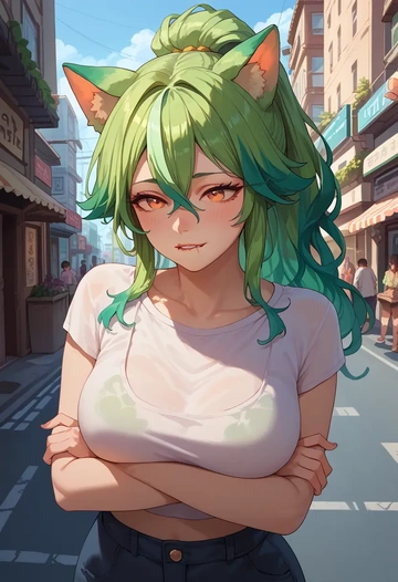 genshin impact,sucrose_(genshin_impact),crop top,loose joggers,headset  - AI generated anime art