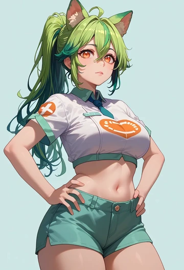 genshin impact,sucrose_(genshin_impact),crop top,athletic shorts  - AI generated anime art